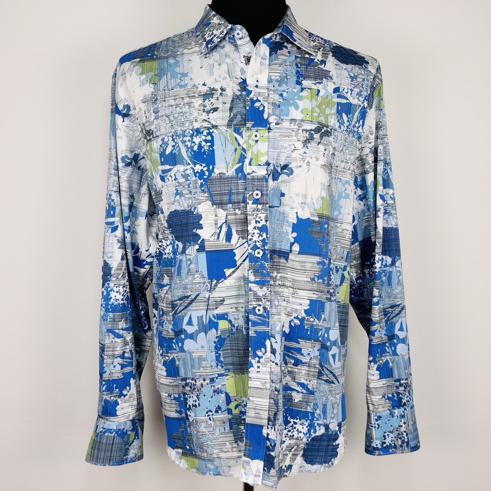 Robert Graham Shirt Men XXL Blue White Cotton Long Sleeve Artsy Graphic Abstract